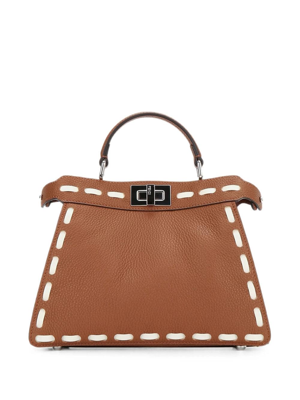 Fendi Women Peekaboo Iseeu Small Sellier Cuoio Romano Leather Bag With Oversized Stitching
