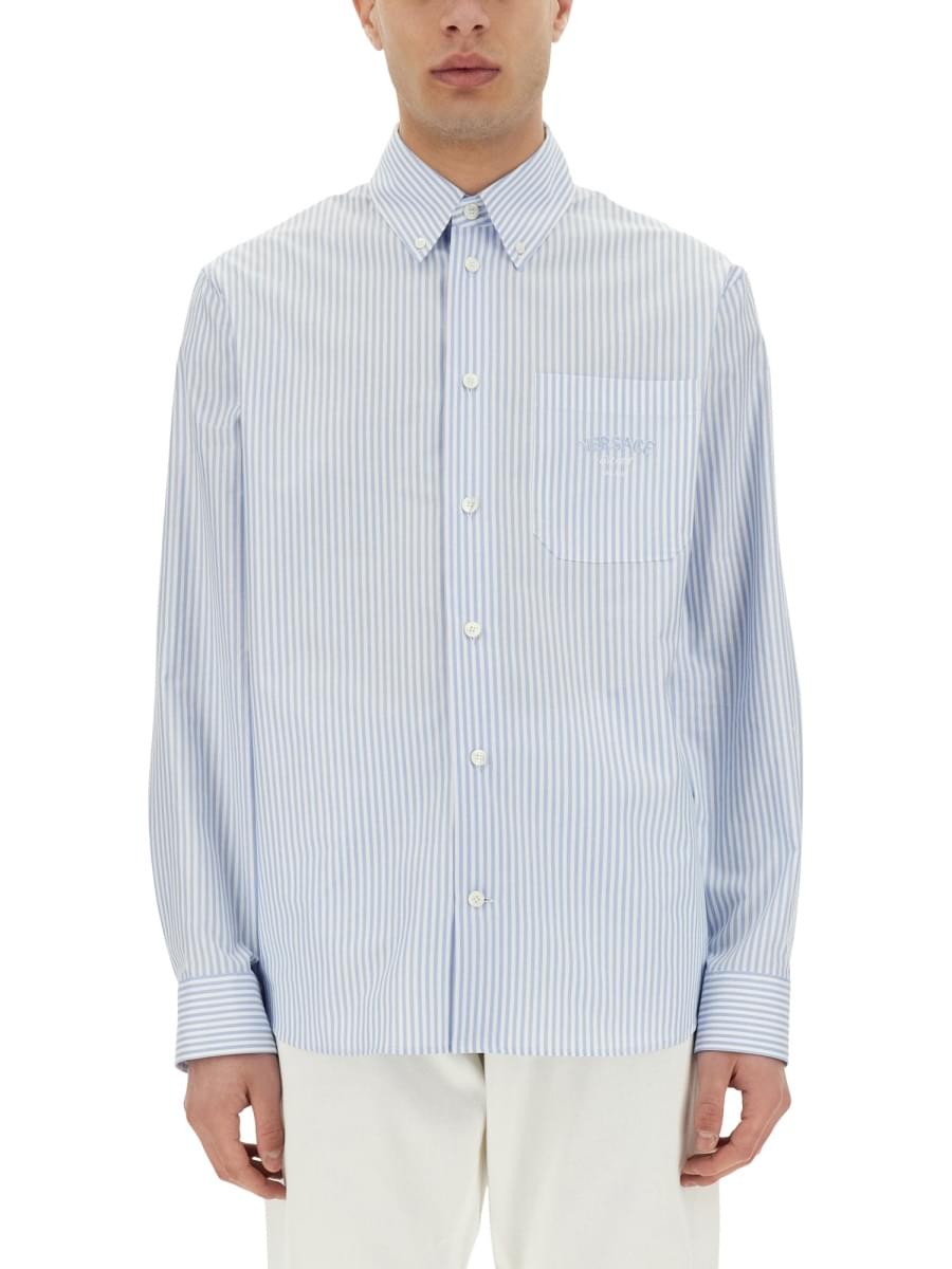 Versace Men Striped Shirt With Silk Printed Insert