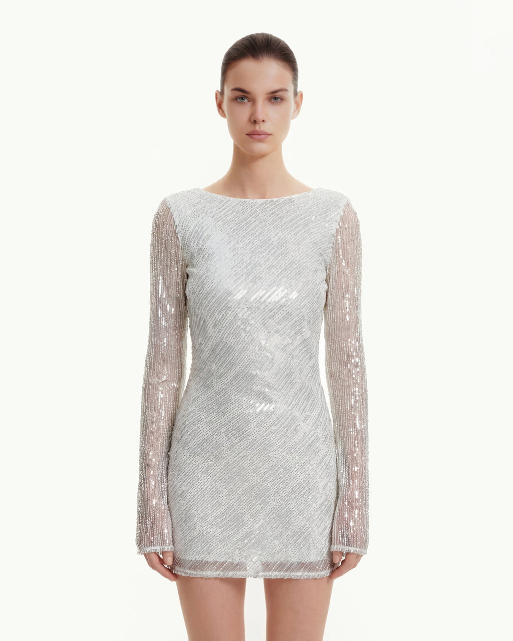 Diagonal Sequin Open-Back Long Sleeve Mini Dress - White