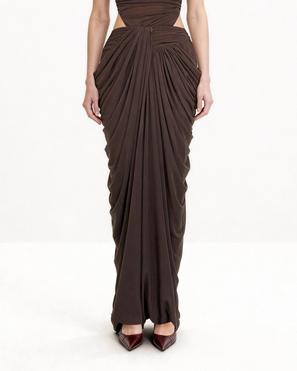 Draped Twist-Front Maxi Skirt - Brown