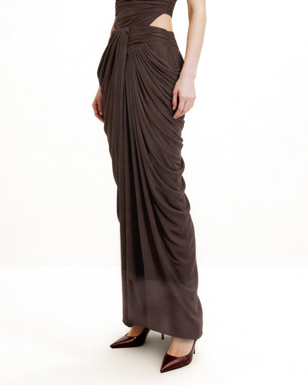 Draped Twist-Front Maxi Skirt - Brown