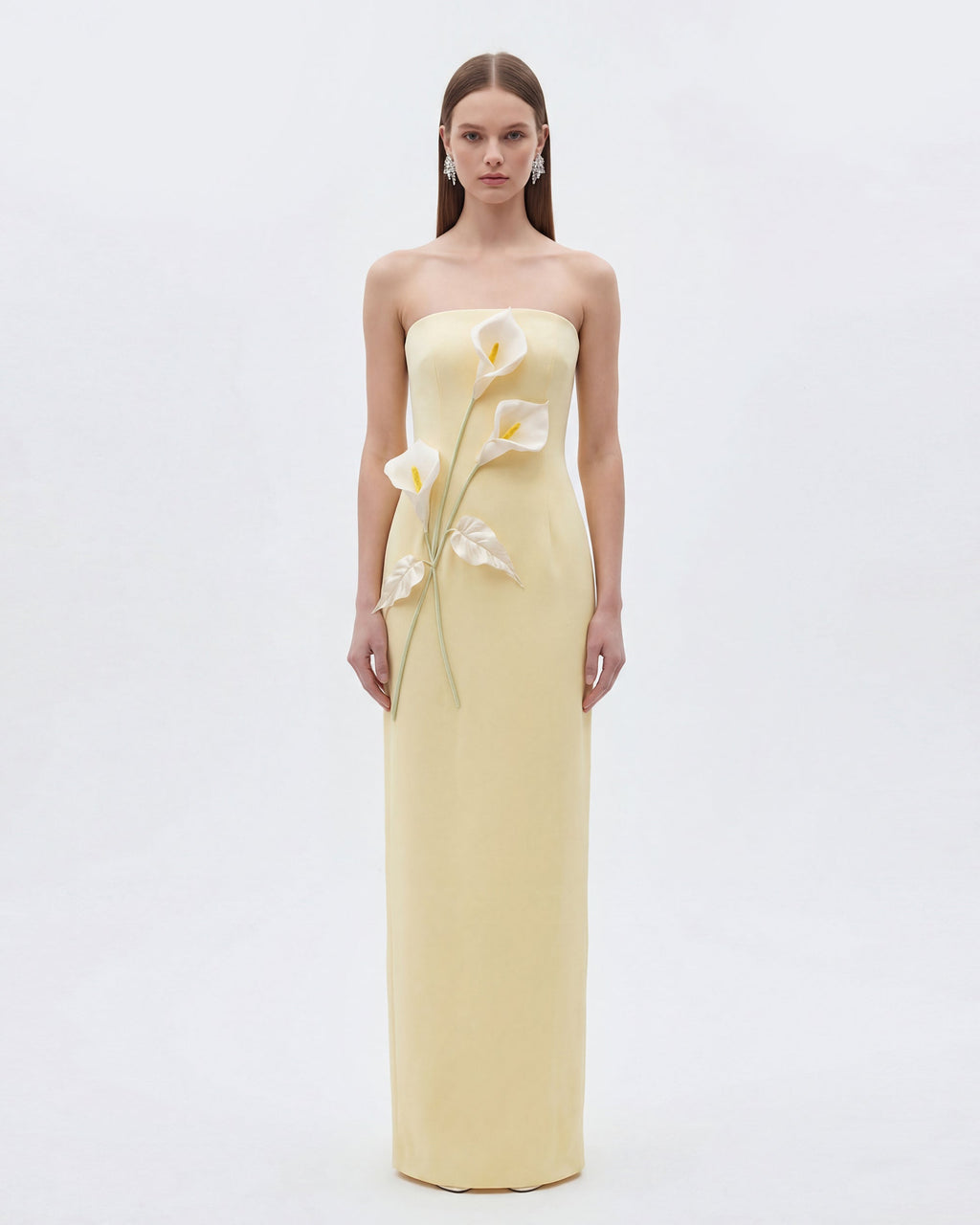 Floral Appliqué Strapless Dress - Yellow
