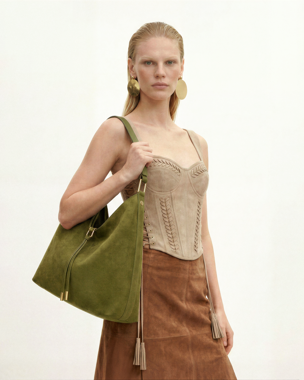 Aria Faux Suede Shoulder Bag - Dark Olive