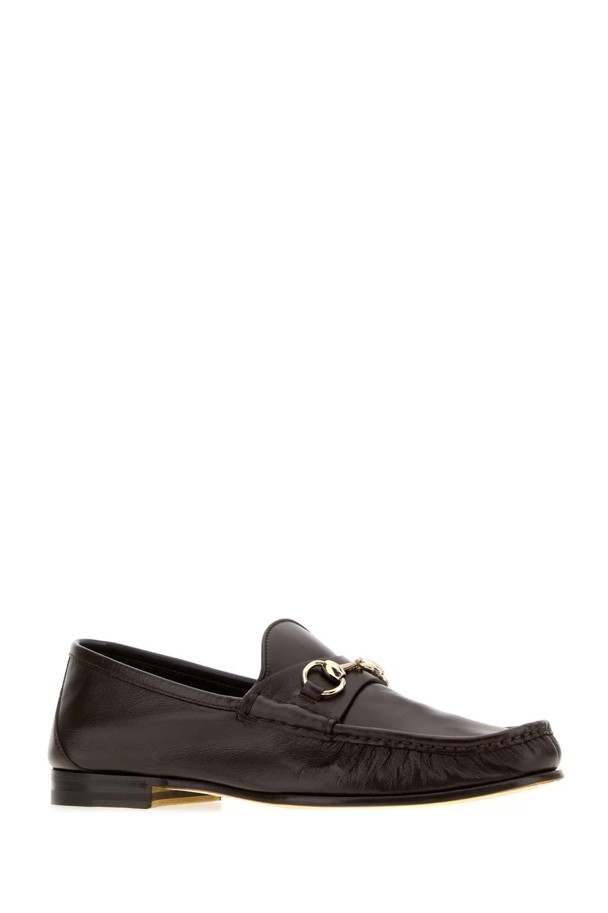 Gucci Men Dark Brown Leather Gucci Lugano Loafers