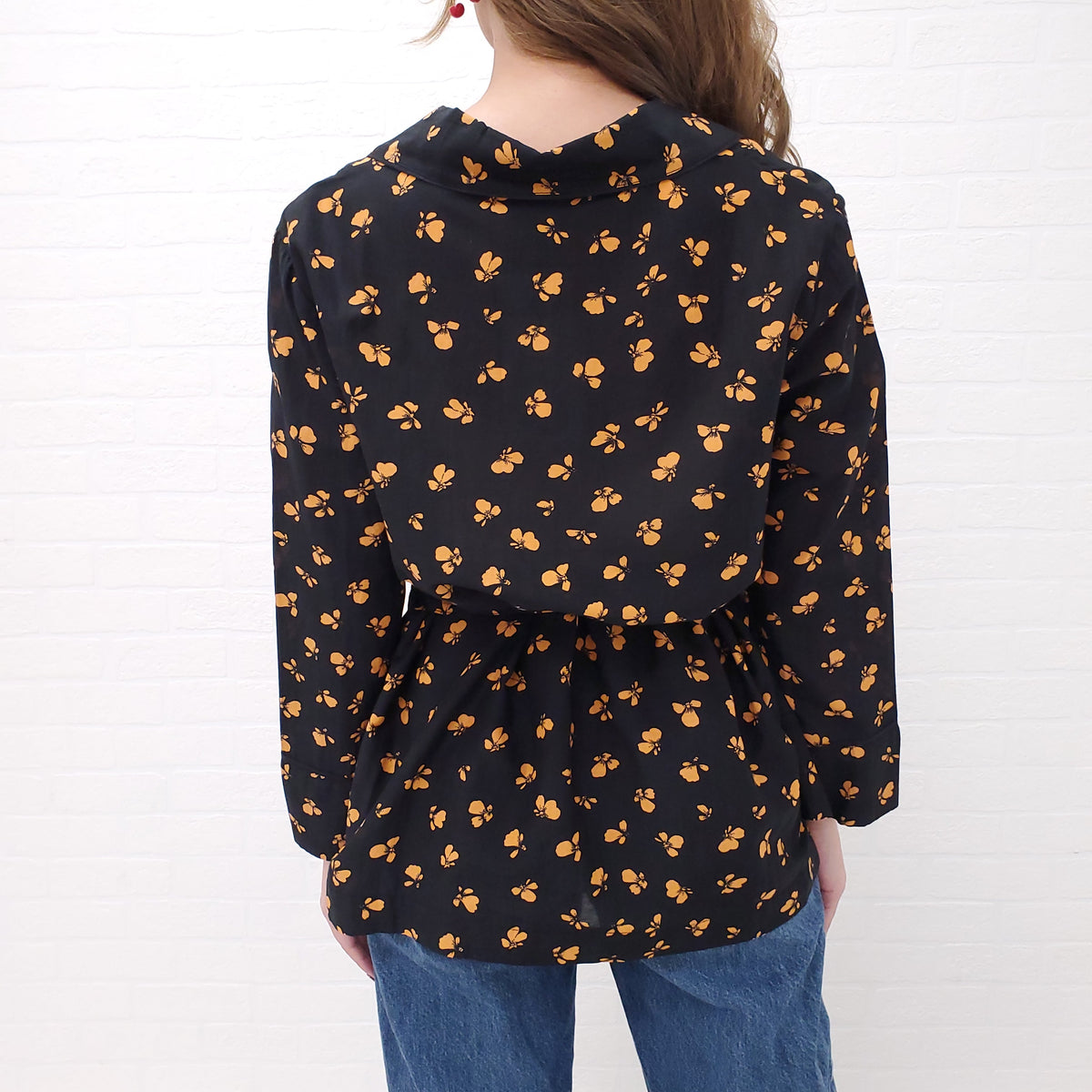 GANNI BLACK FLORAL PRINTED BLOUSE - SIZE 36