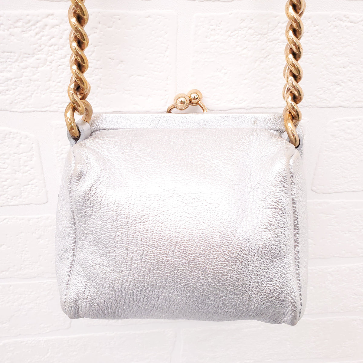 DOLCE & GABBANA SILVER LEATHER MINI PURSE WITH GOLD LOGO
