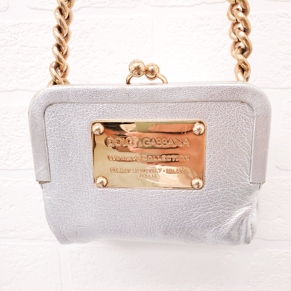 DOLCE & GABBANA SILVER LEATHER MINI PURSE WITH GOLD LOGO