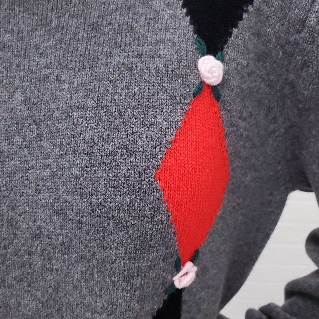 ALESSANDRA RICH ARGYLE SWEATER WITH ROSE DETAILS - SIZE 36