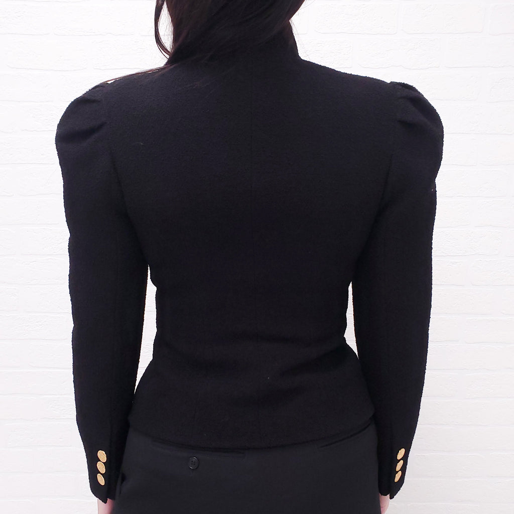 ALESSANDRA RICH BLACK CORD TRIMMED CUT OUT BOUCLE JACKET - SIZE 40
