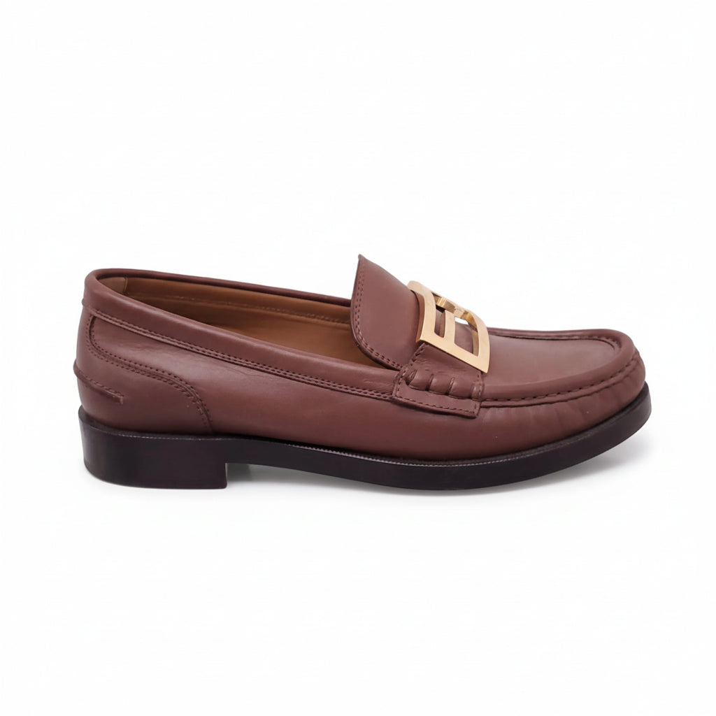 FENDI BROWN LEATHER LOAFERS WITH GOLD LOGO - SIZE 40