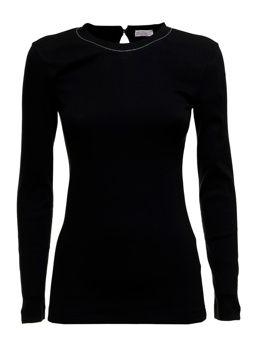 Brunello Cucinelli Women Black Long Sleeve T-Shirt With Round Neck And Monile Details In Cotton Women