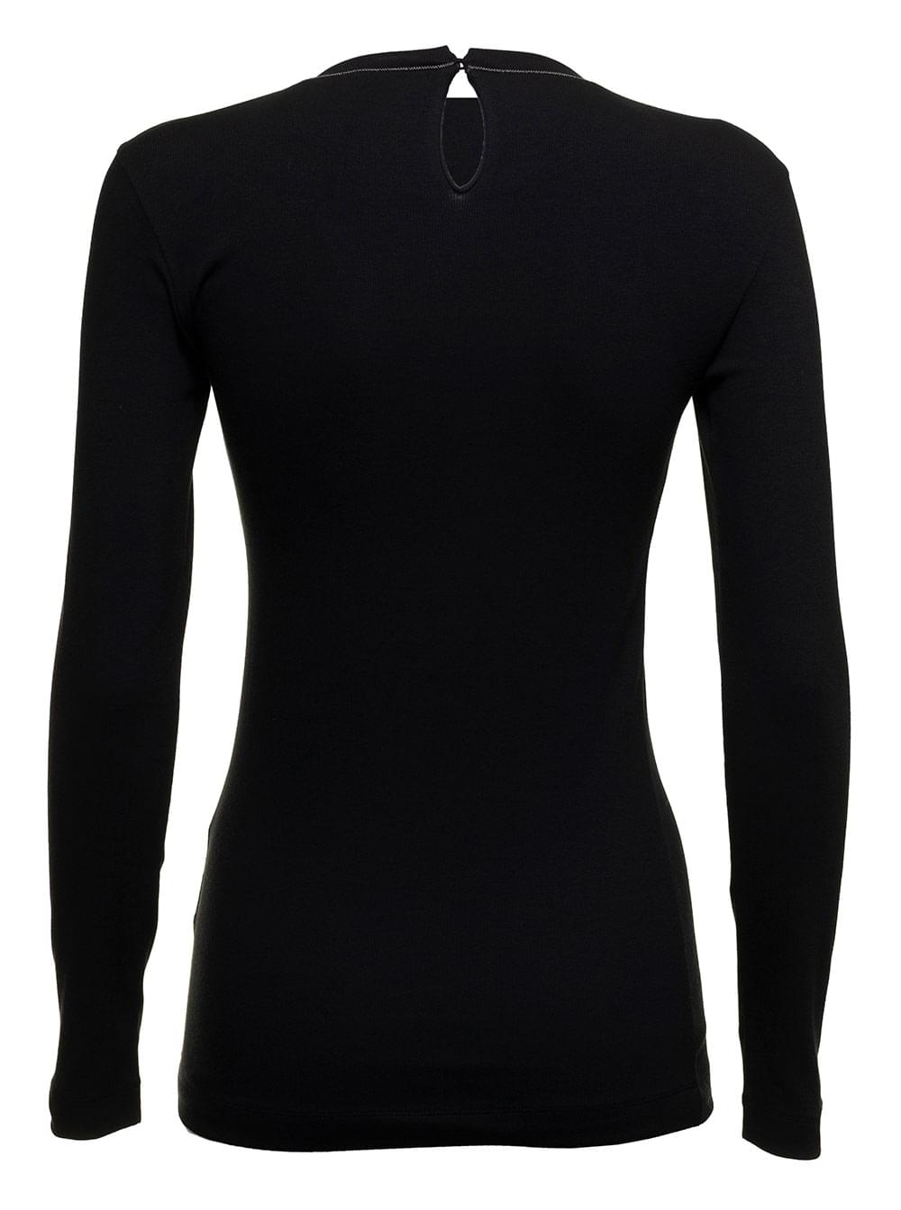 Brunello Cucinelli Women Black Long Sleeve T-Shirt With Round Neck And Monile Details In Cotton Women