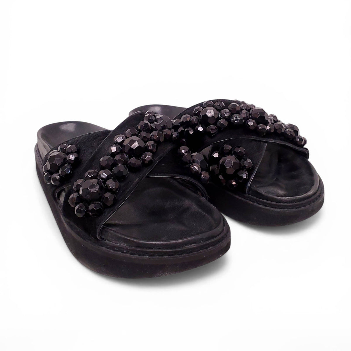 SIMONE ROCHA BLACK EMBELLISHED SLIDES - SIZE 38