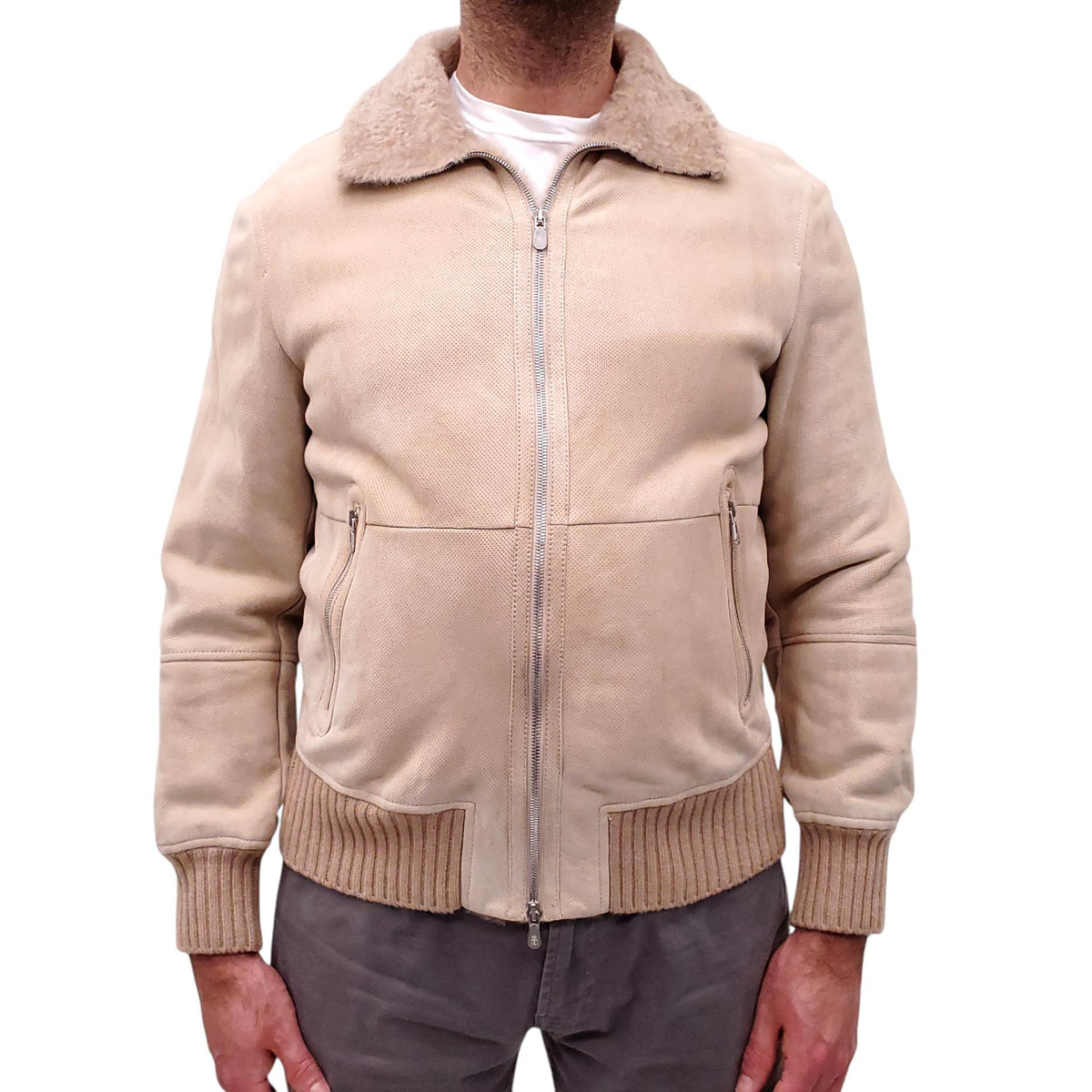 B.C. CREAM SHEARLING LINED PERFORATED SUEDE BOMBER JACKET - MEN'S SIZE M