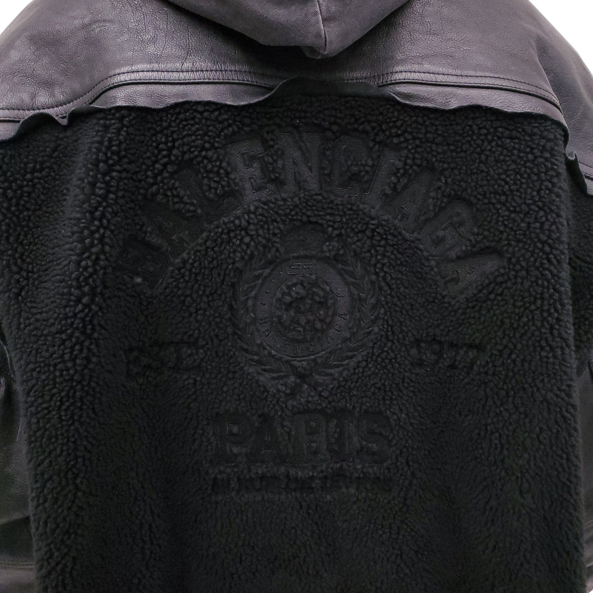 BALENCIAGA BLACK LEATHER & SHEARLING HOODED OVERSIZED JACKET - MEN'S SIZE M