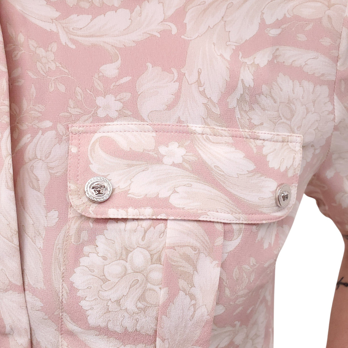 VERSACE PINK BAROCCO PATTERNED SILK CREPE MINI DRESS - SIZE 40
