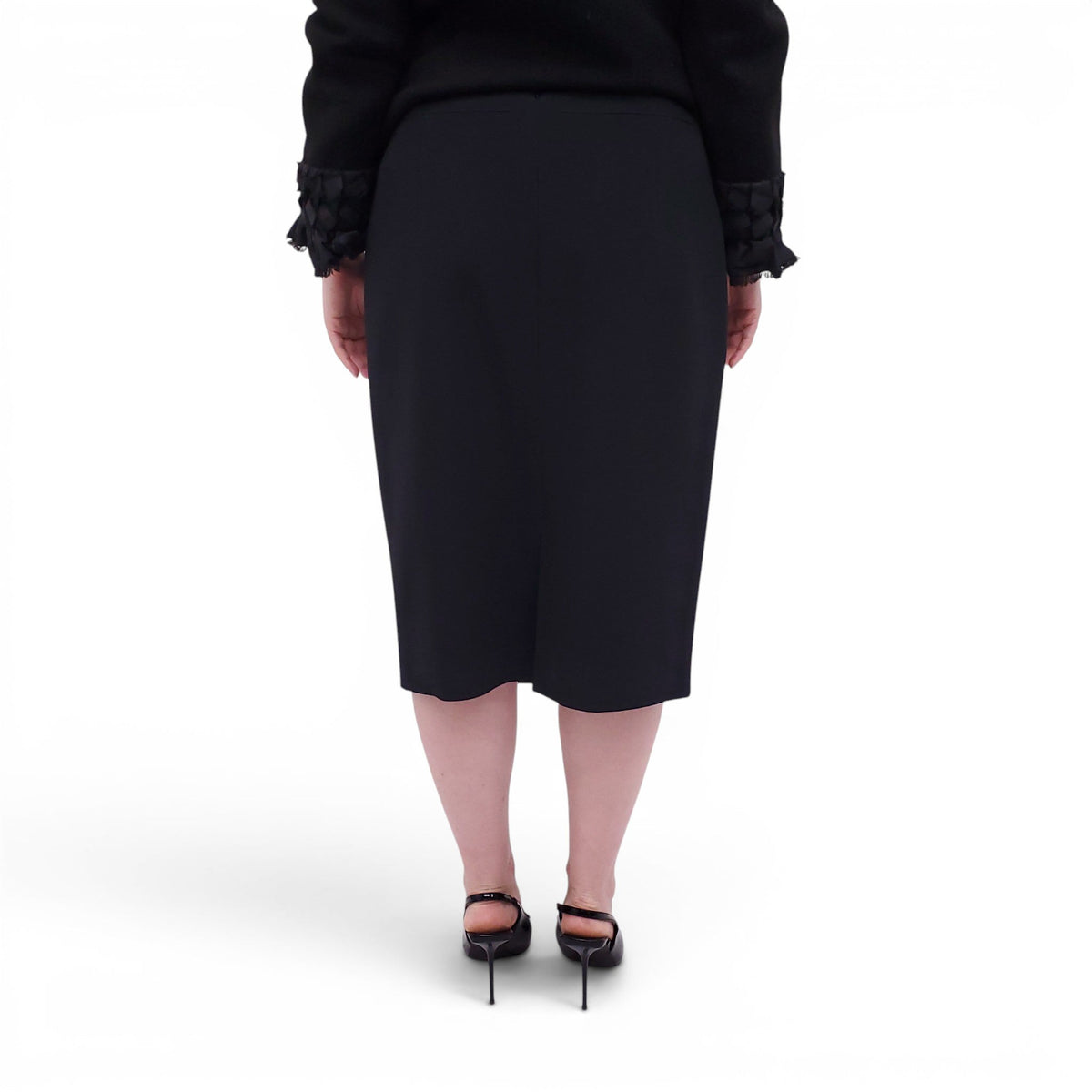 ANDREW GN BLACK SKIRT SUIT WITH FLORAL EYELET COLLAR AND CRYSTAL EMBLEM DETAILS - SIZE 46