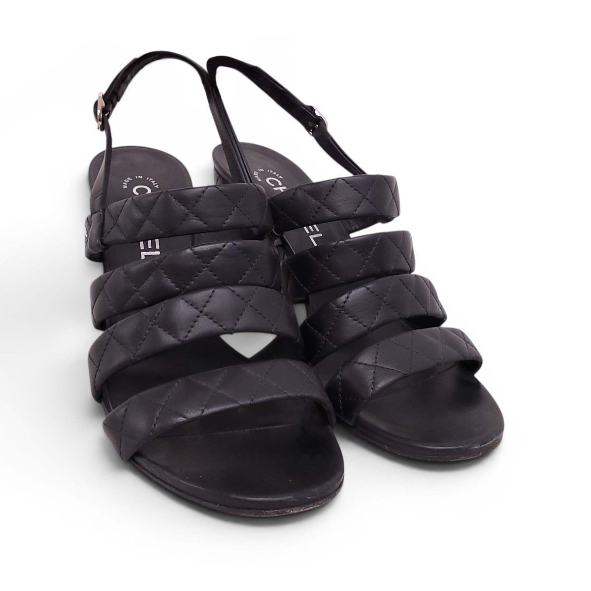 CHANEL QUILTED BLACK LEATHER BLOCK HEELS - SIZE 39.5