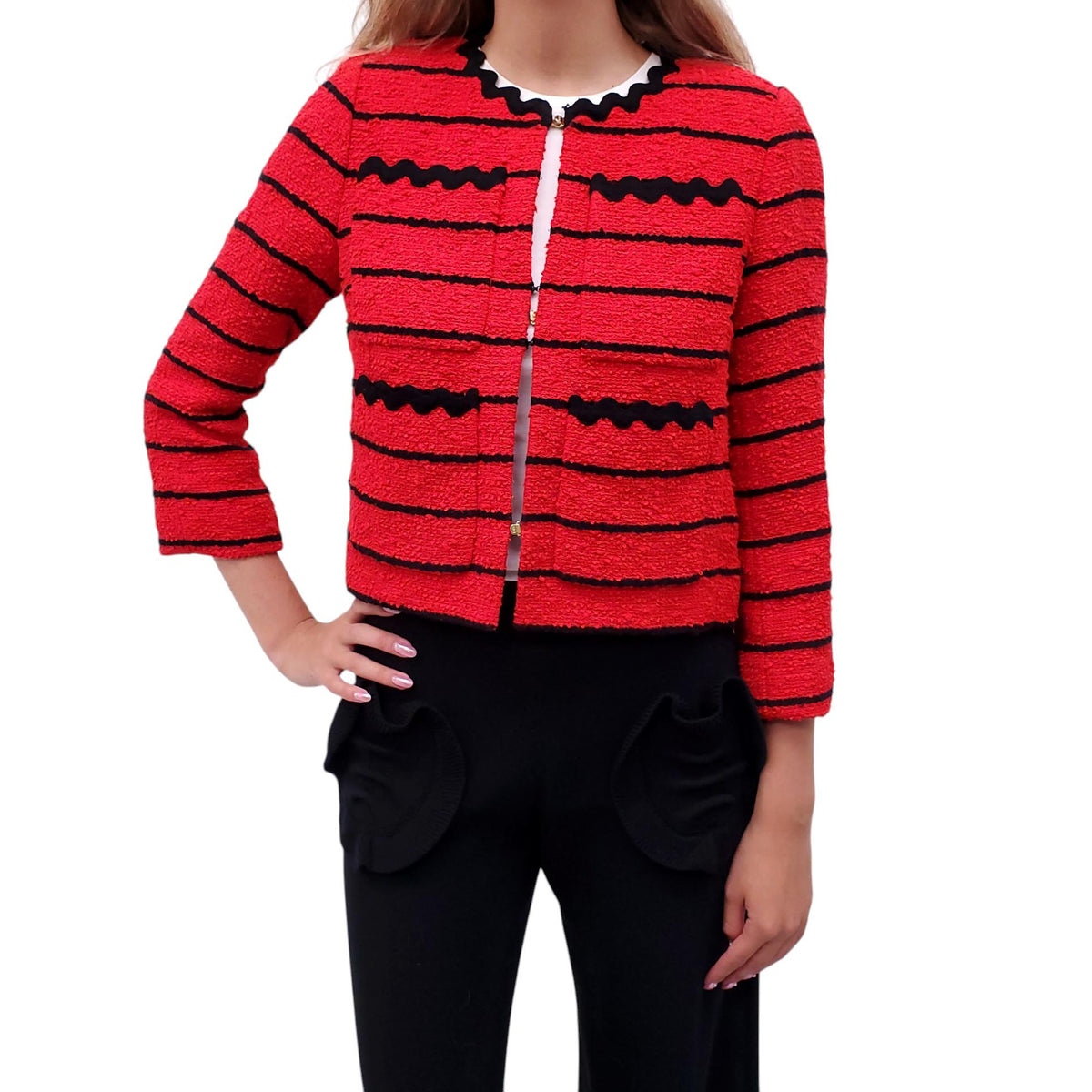 SONIA RYKIEL RED TWEED JACKET WITH BLACK SQUIGGLE DETAILS - SIZE S