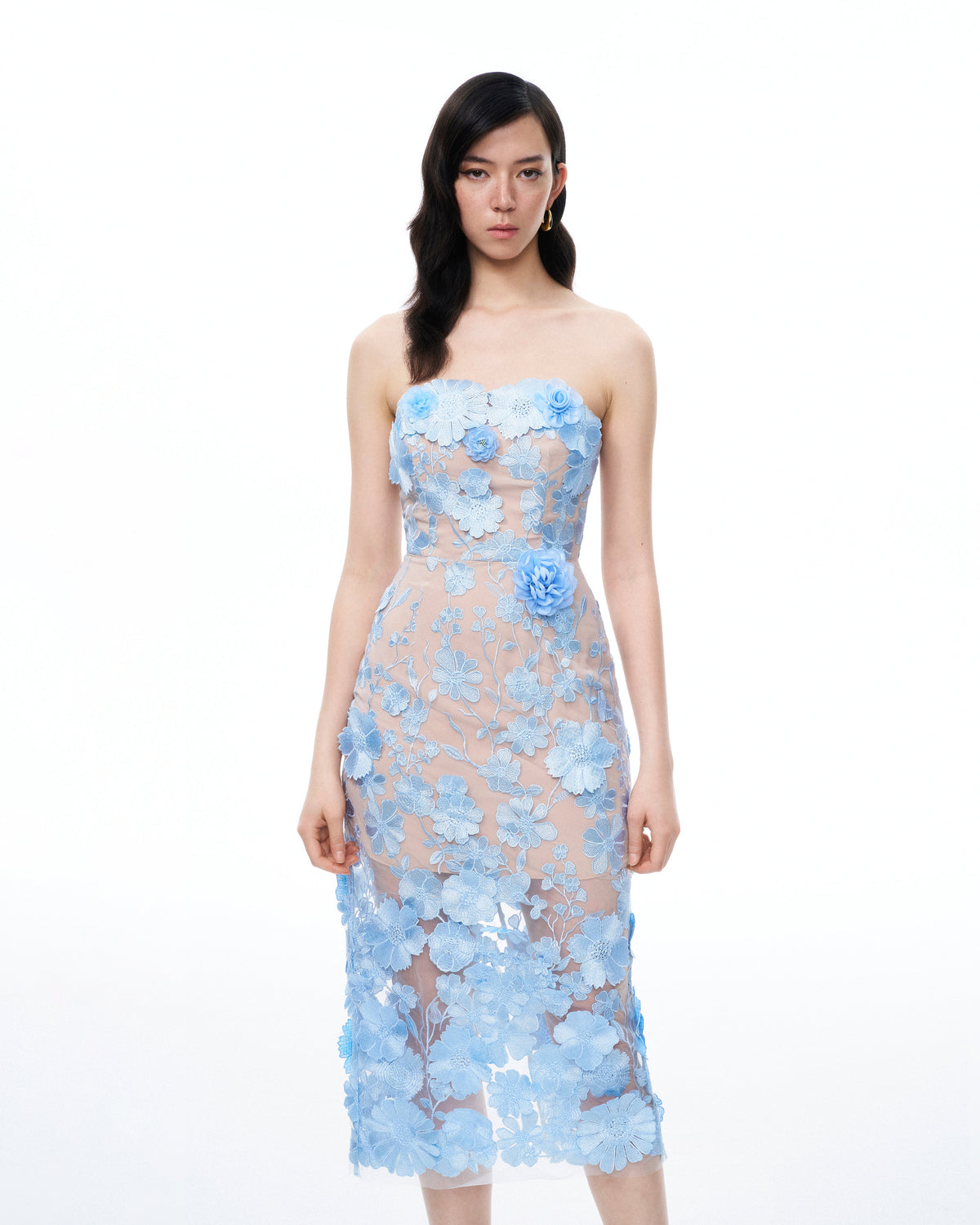 Evander 3D Floral Embroidered Maxi Dress - Blue