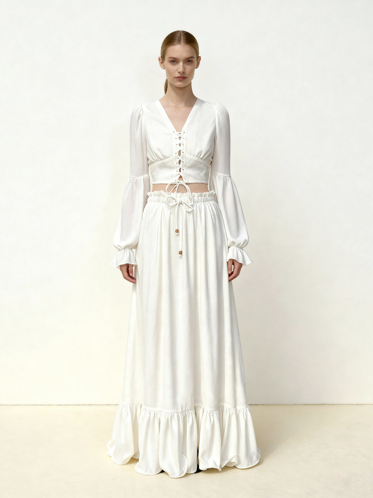 Drawstring Chiffon Maxi Skirt - White
