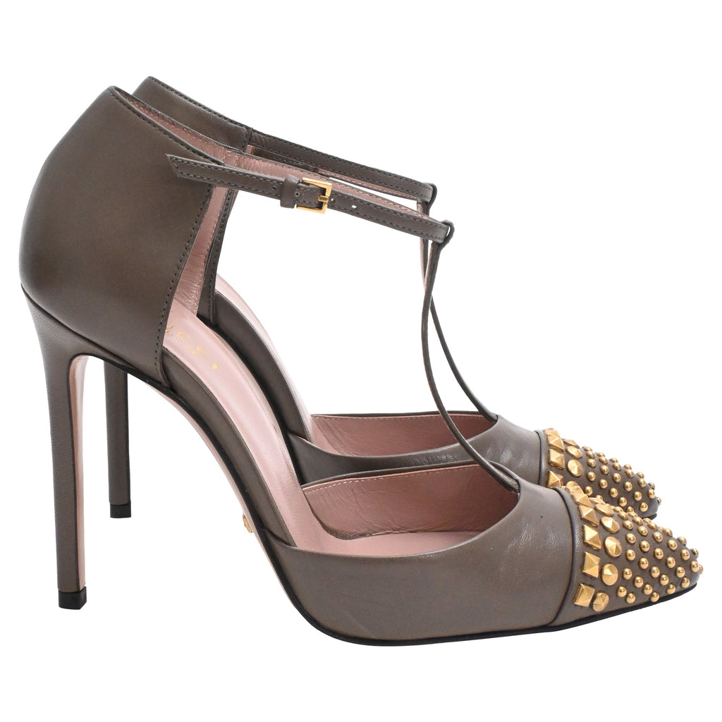 Gucci Studded Coline T-Strap Pumps in Brown Leather