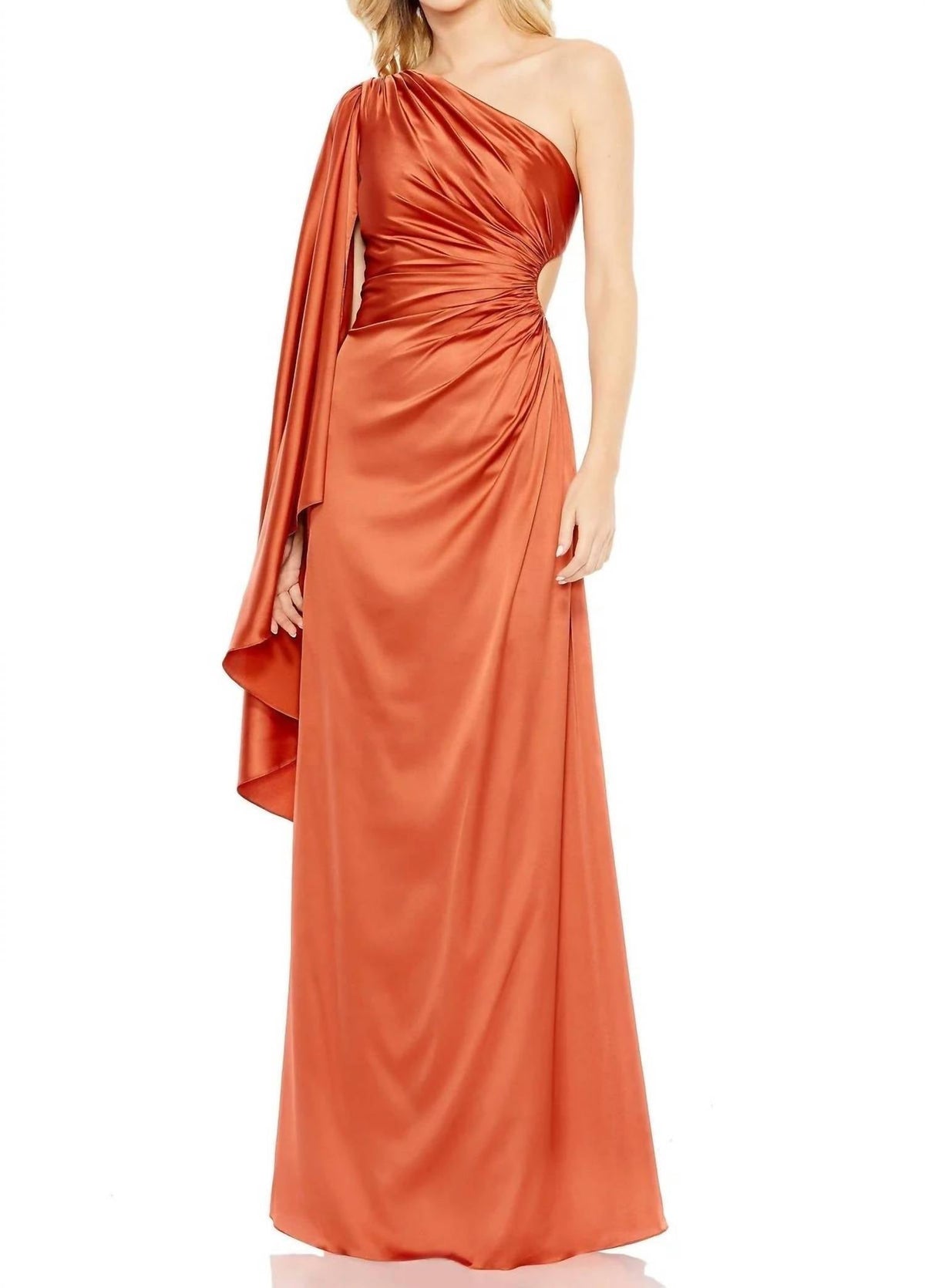 Asymmetrical One Side Cape Sleeve Ruching Satin Dress In Rust