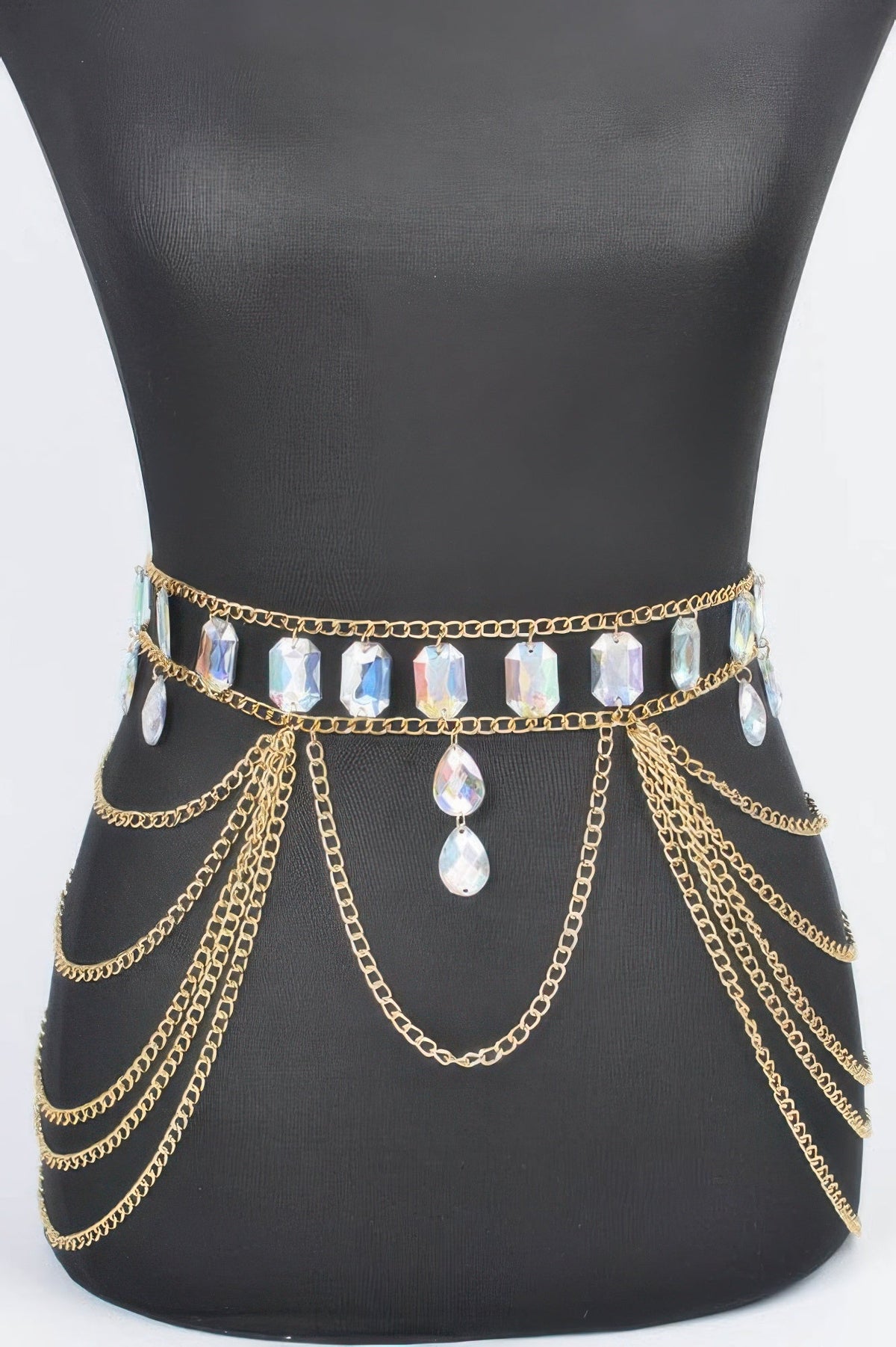Metal Layered Chain Belt W/acrylic Stone