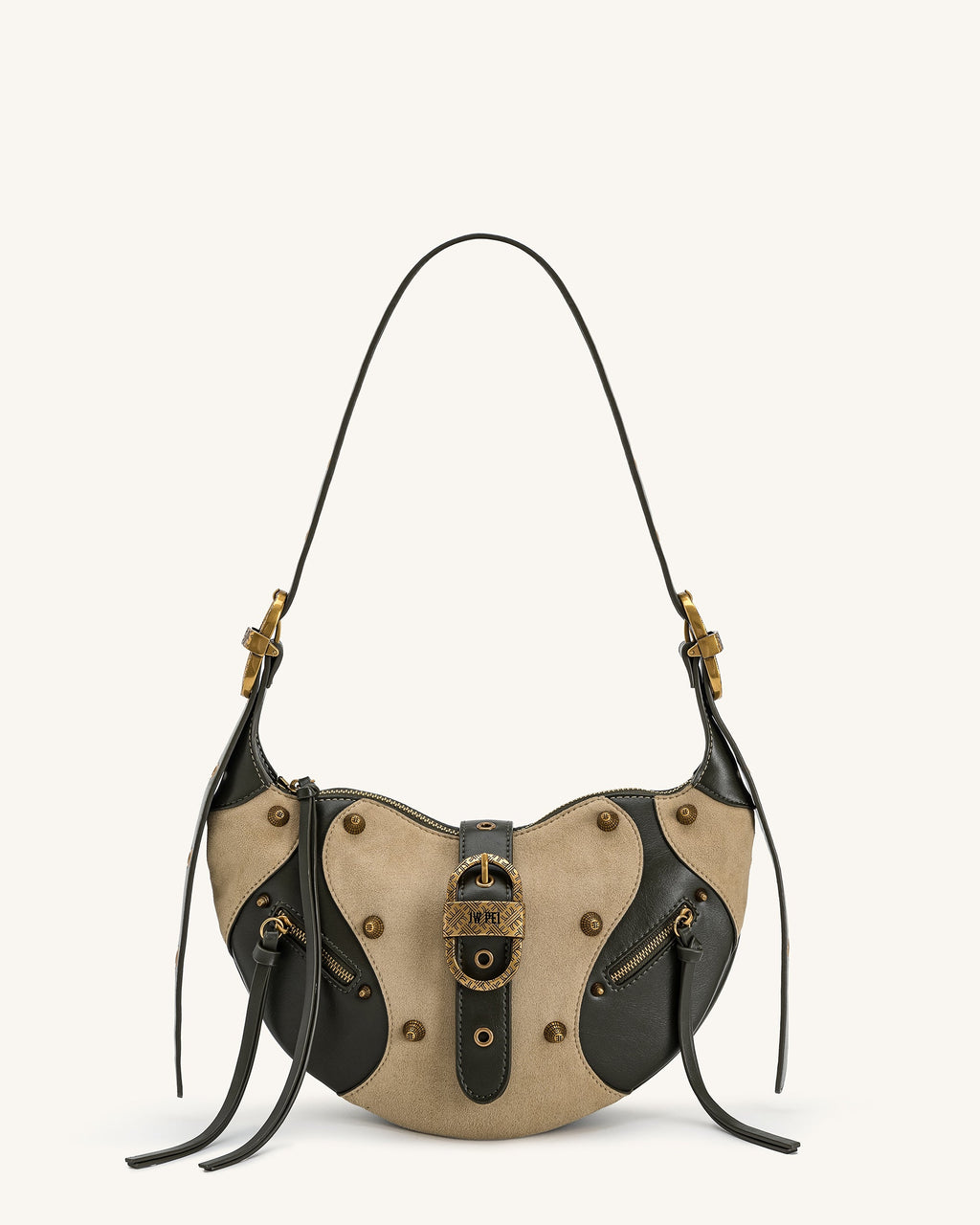 Tessa Faux Suede Studded Shoulder Bag - Khaki Green