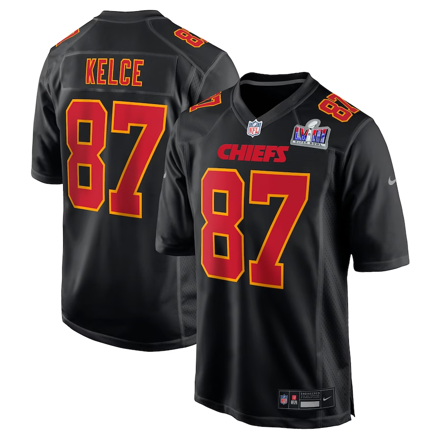 Men's Kansas City Chiefs Travis Kelce #87 Black Super Bowl LVIII Carbon Fashion Game Player jersey