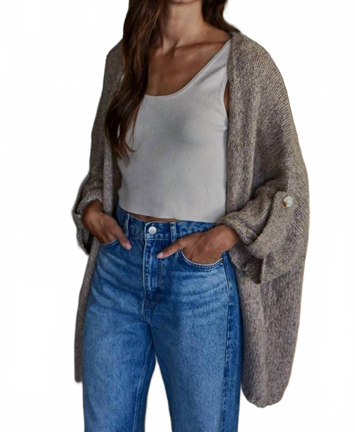 Folded Quarter Sleeve Open Front Cardigan In Mocha