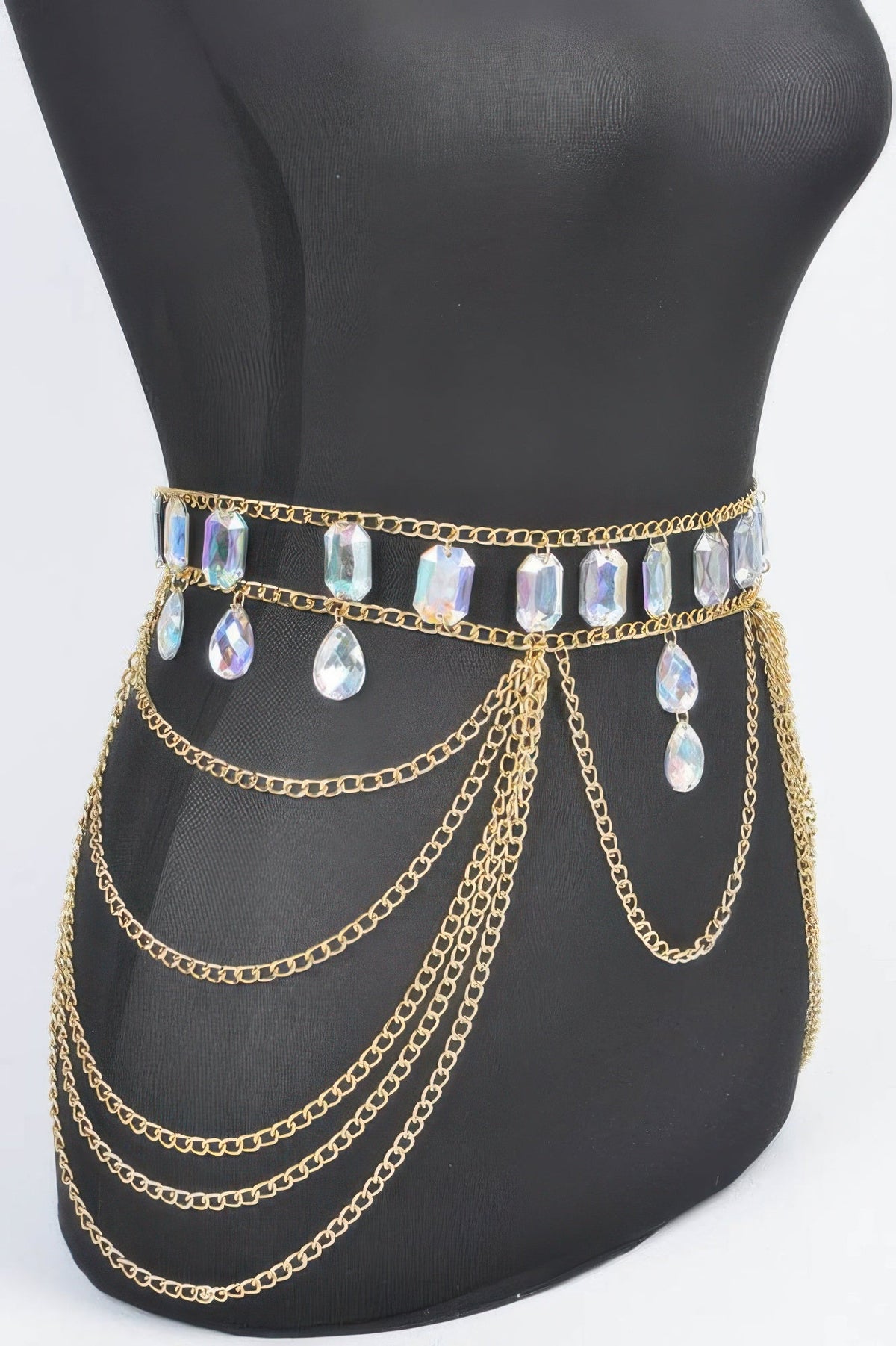 Metal Layered Chain Belt W/acrylic Stone