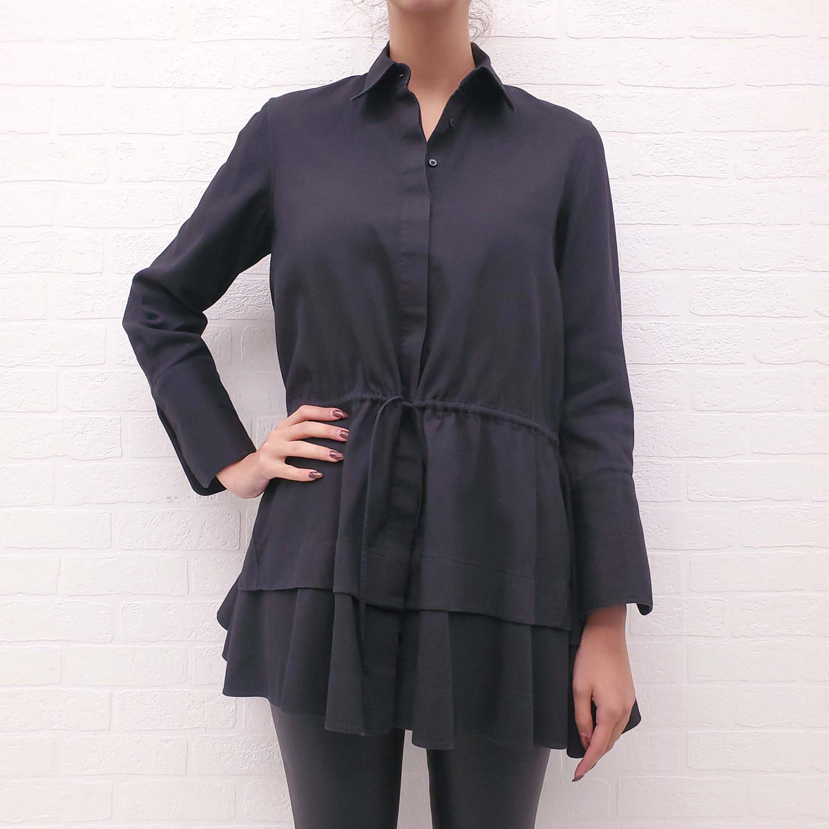ALAÏA BLACK RIBBED BUTTON UP BLOUSE - SIZE 38