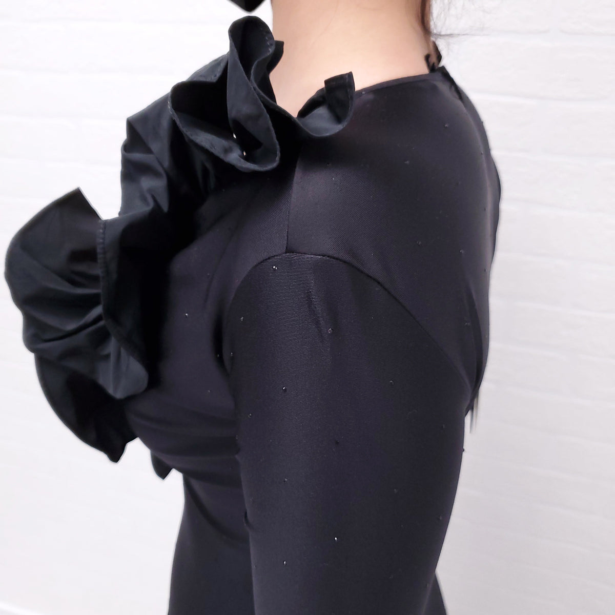 ALESSANDRA RICH BLACK RUFFLE JUMPSUIT WITH CRYSTALS - SIZE 40
