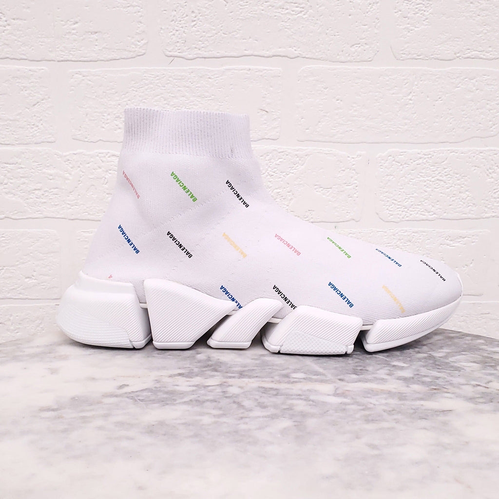 BALENCIAGA WHITE RAINBOW LOGO SOCK SNEAKERS - SIZE 40