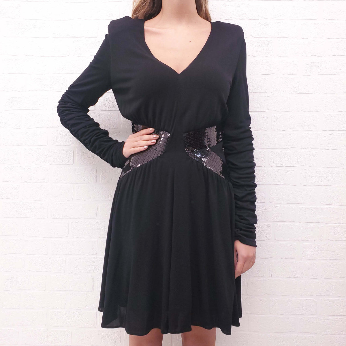 BALMAIN BLACK ROUCHED SEQUIN DRESS - SIZE 42