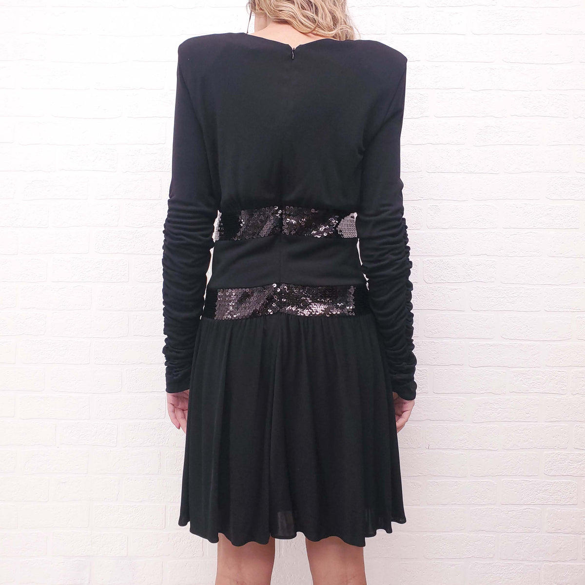 BALMAIN BLACK ROUCHED SEQUIN DRESS - SIZE 42