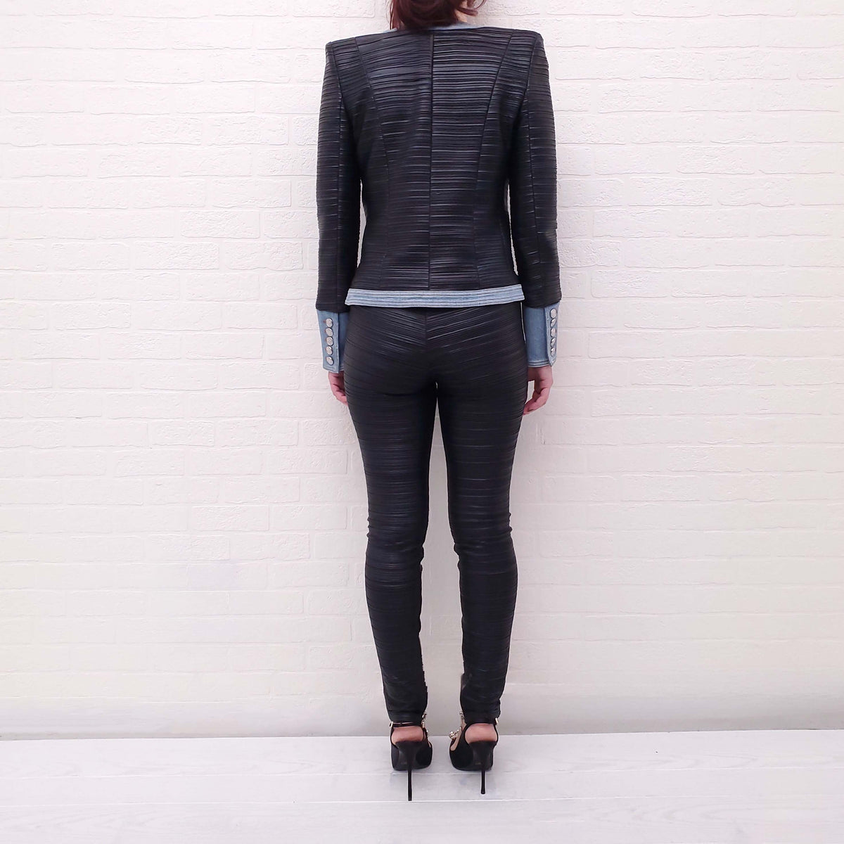 BALMAIN FAUX LEATHER DENIM JACKET - SIZE 36