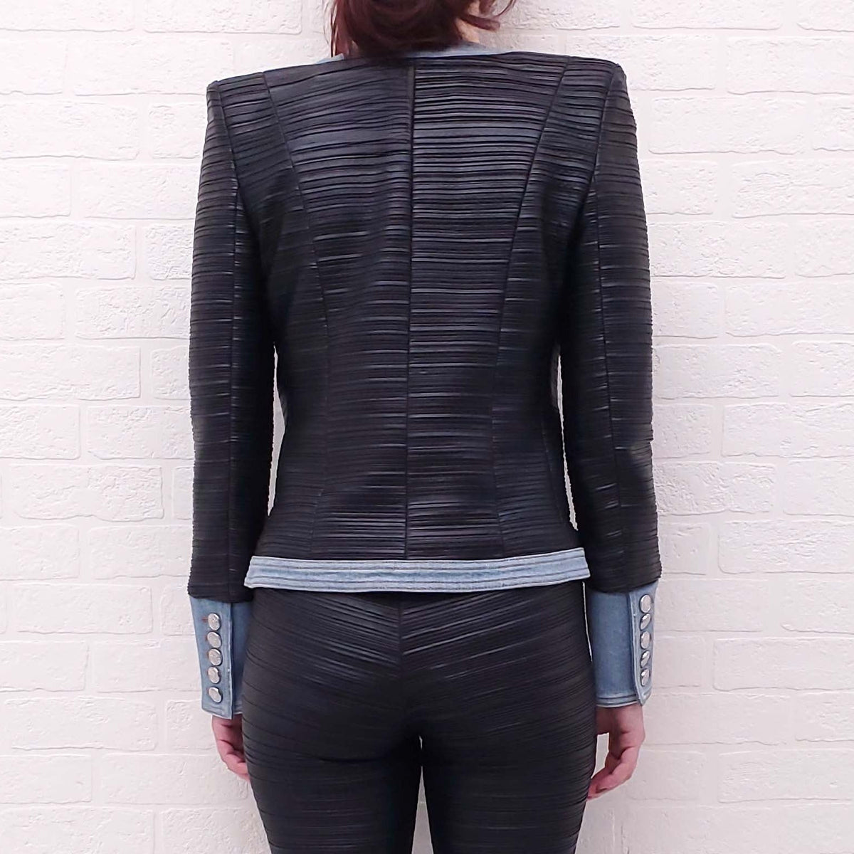 BALMAIN FAUX LEATHER DENIM JACKET - SIZE 36