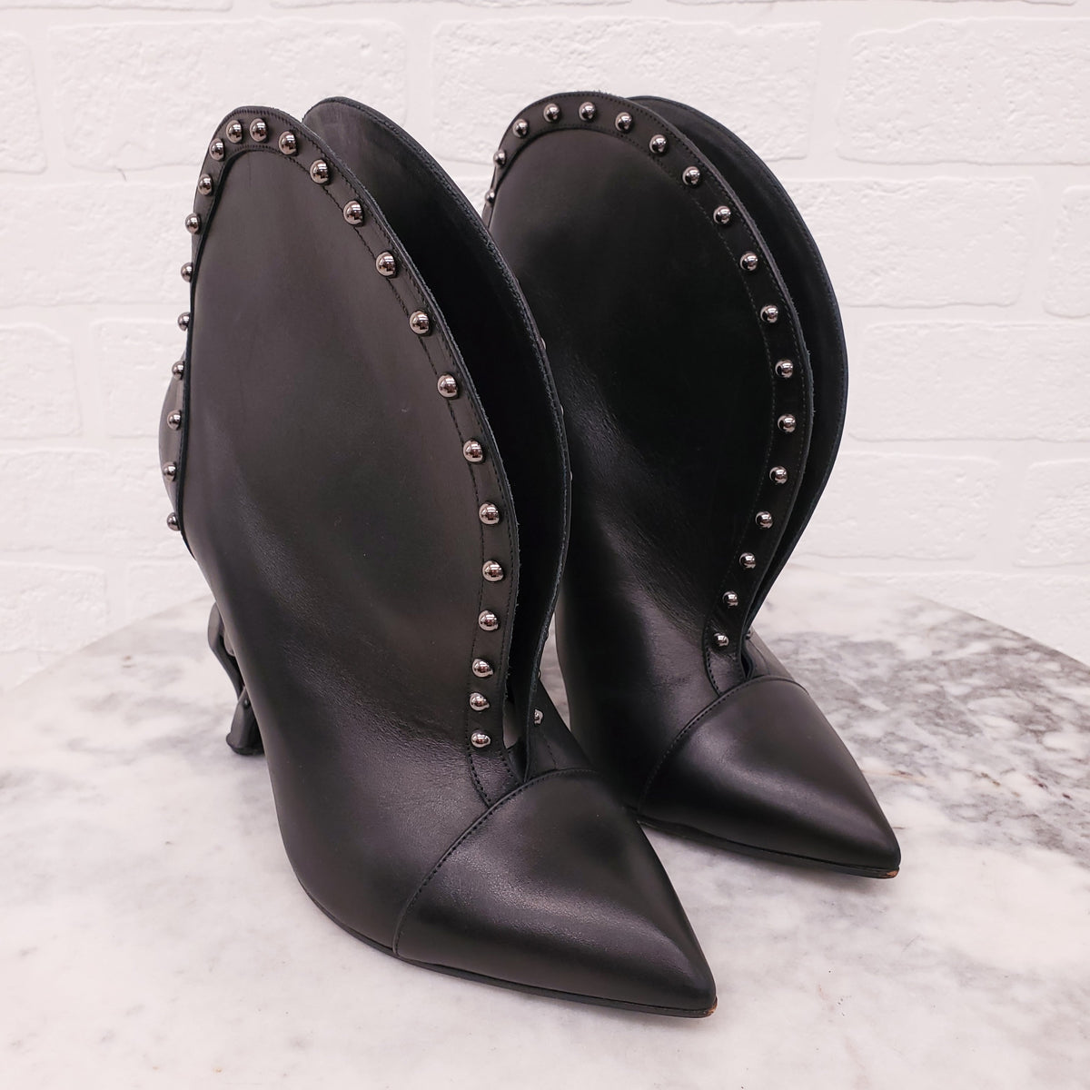 BALMAIN STUD AND CHAIN HEEL BOOTIES - SIZE 35