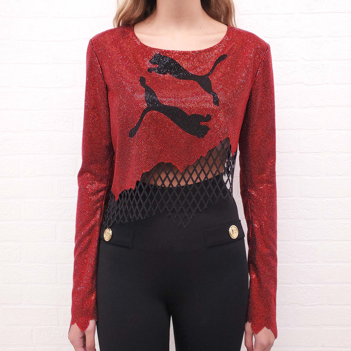 BALMAIN X PUMA ASYMMETRICAL RHINESTONE CROP TOP - SIZE S