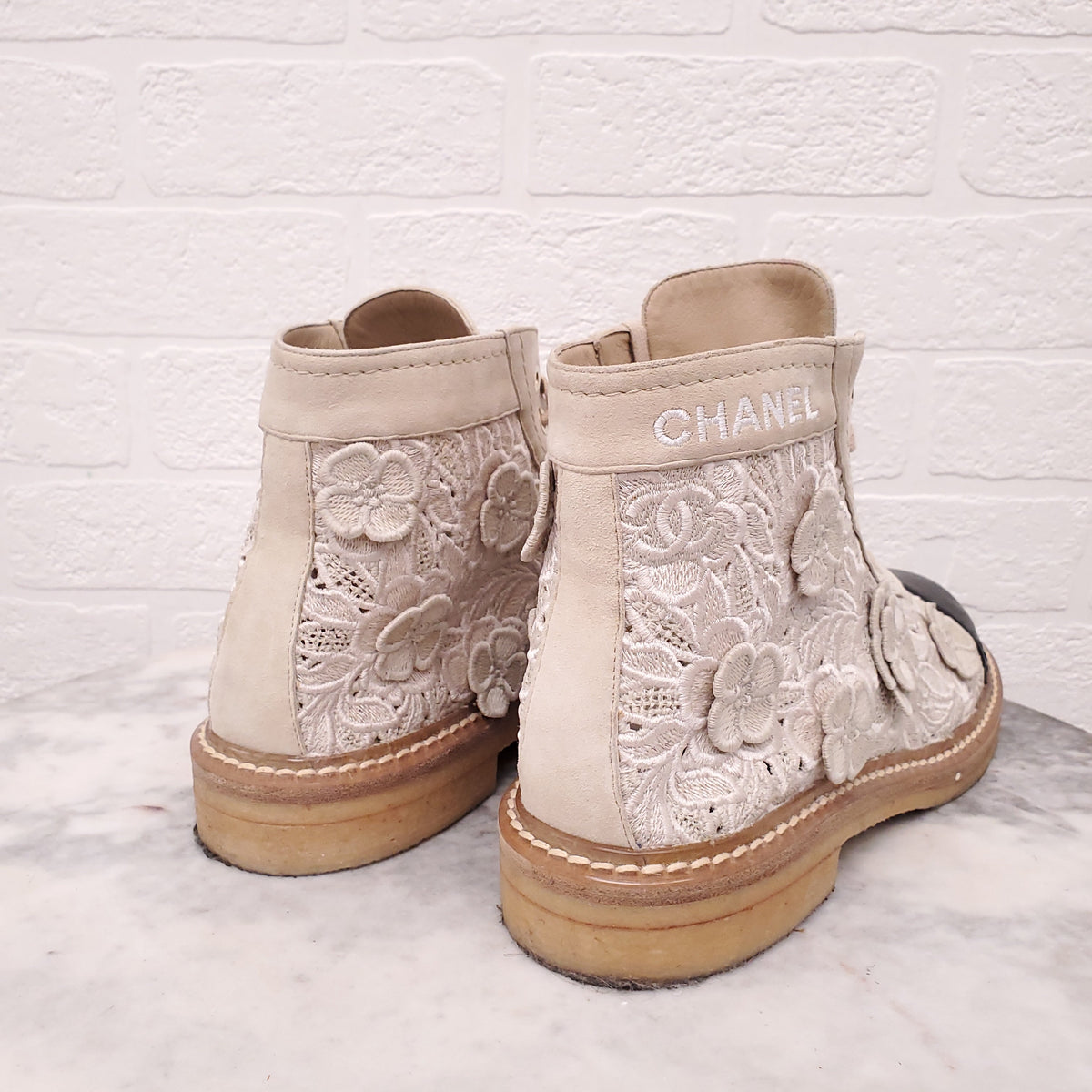 CHANEL CREAM FLORAL BLACK CAP TOE ANKLE BOOT - SIZE 39