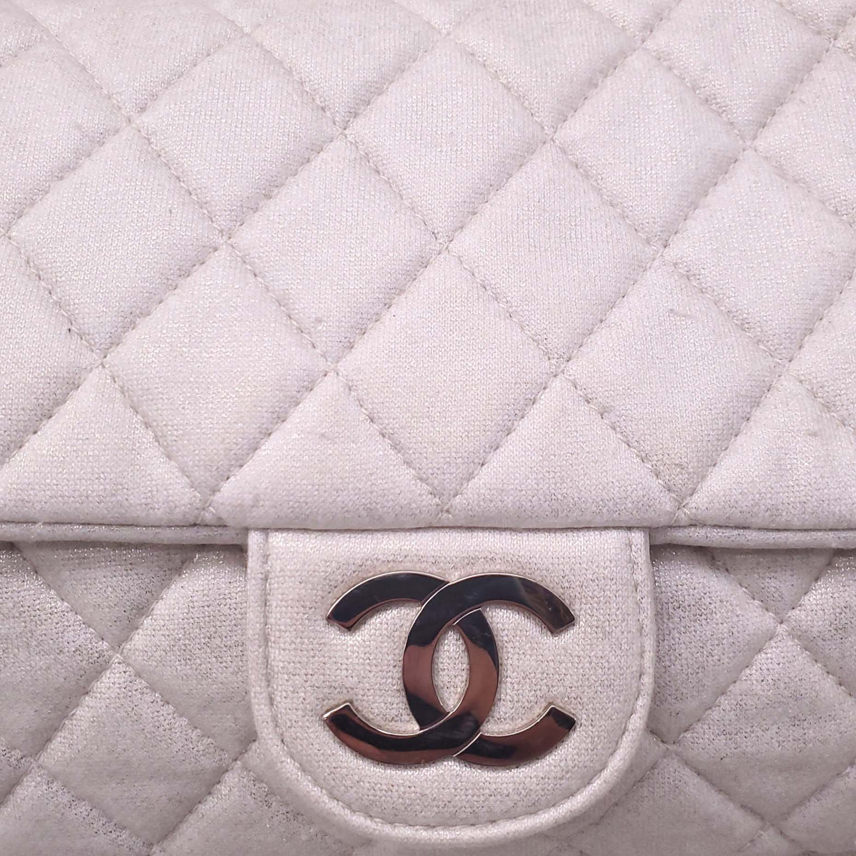 CHANEL CREAM SHIMMER QUILTED JERSEY CC FLAP BAG