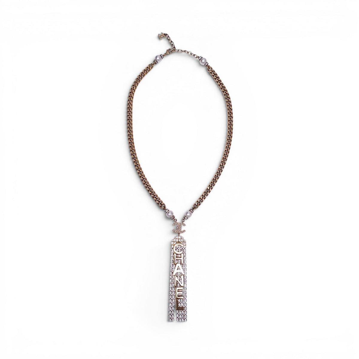 CHANEL GOLD CHAIN NECKLACE WITH DROP CRYSTALS AND LOGO