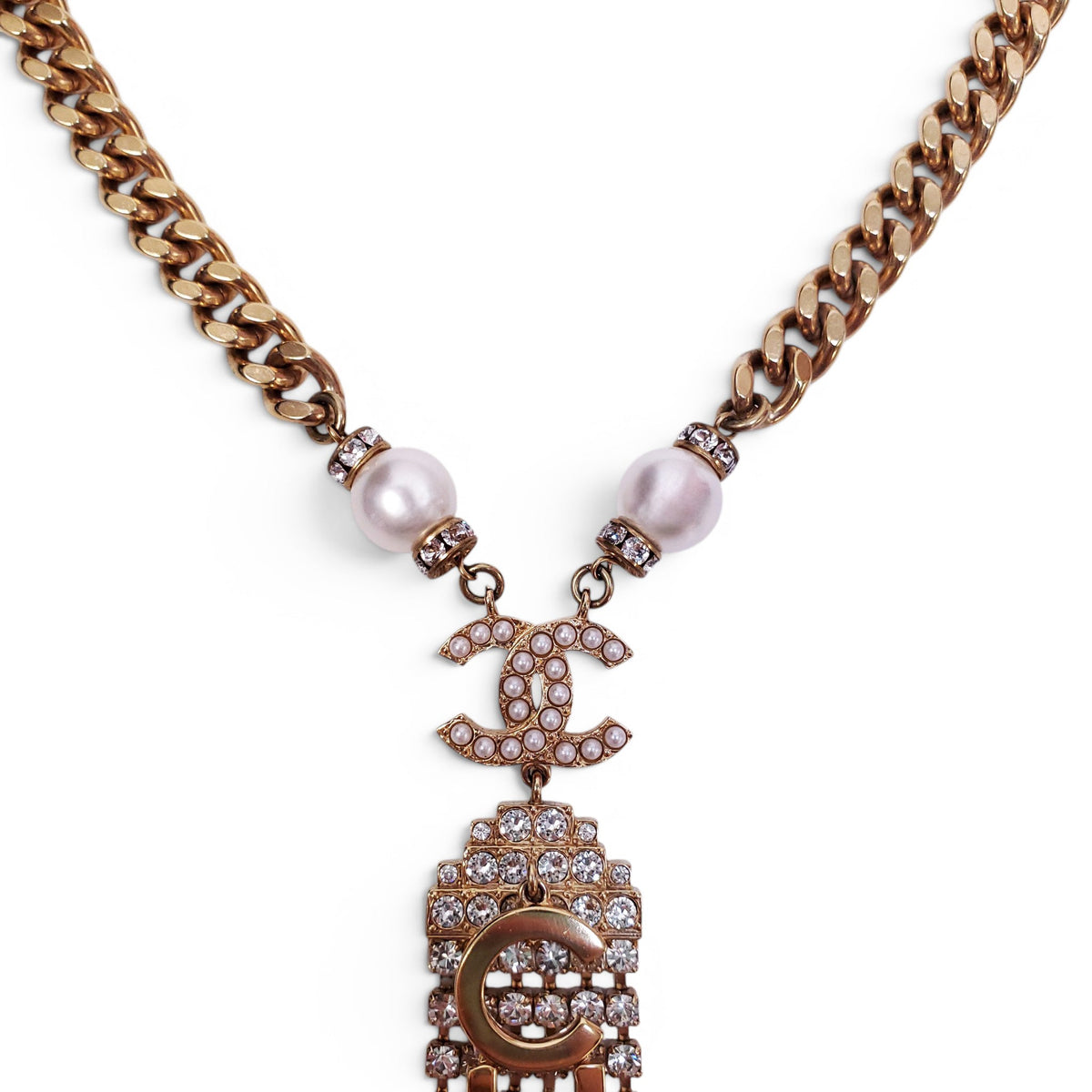 CHANEL GOLD CHAIN NECKLACE WITH DROP CRYSTALS AND LOGO
