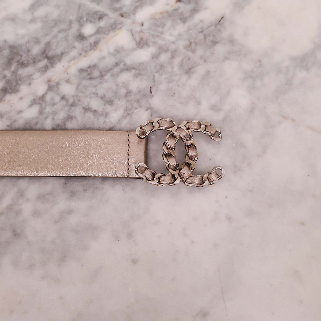 CHANEL METALLIC ELECTRUM CHAIN LOGO BELT - SIZE 80