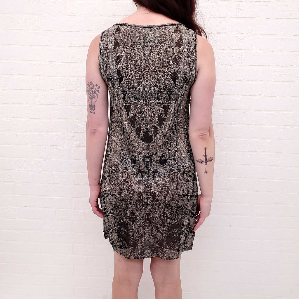 CHANEL METALLIC PATTERNED DRESS SET WITH MATCHING CARDIGAN - SIZE 40