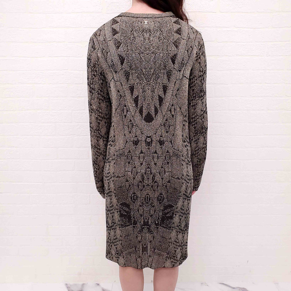 CHANEL METALLIC PATTERNED DRESS SET WITH MATCHING CARDIGAN - SIZE 40