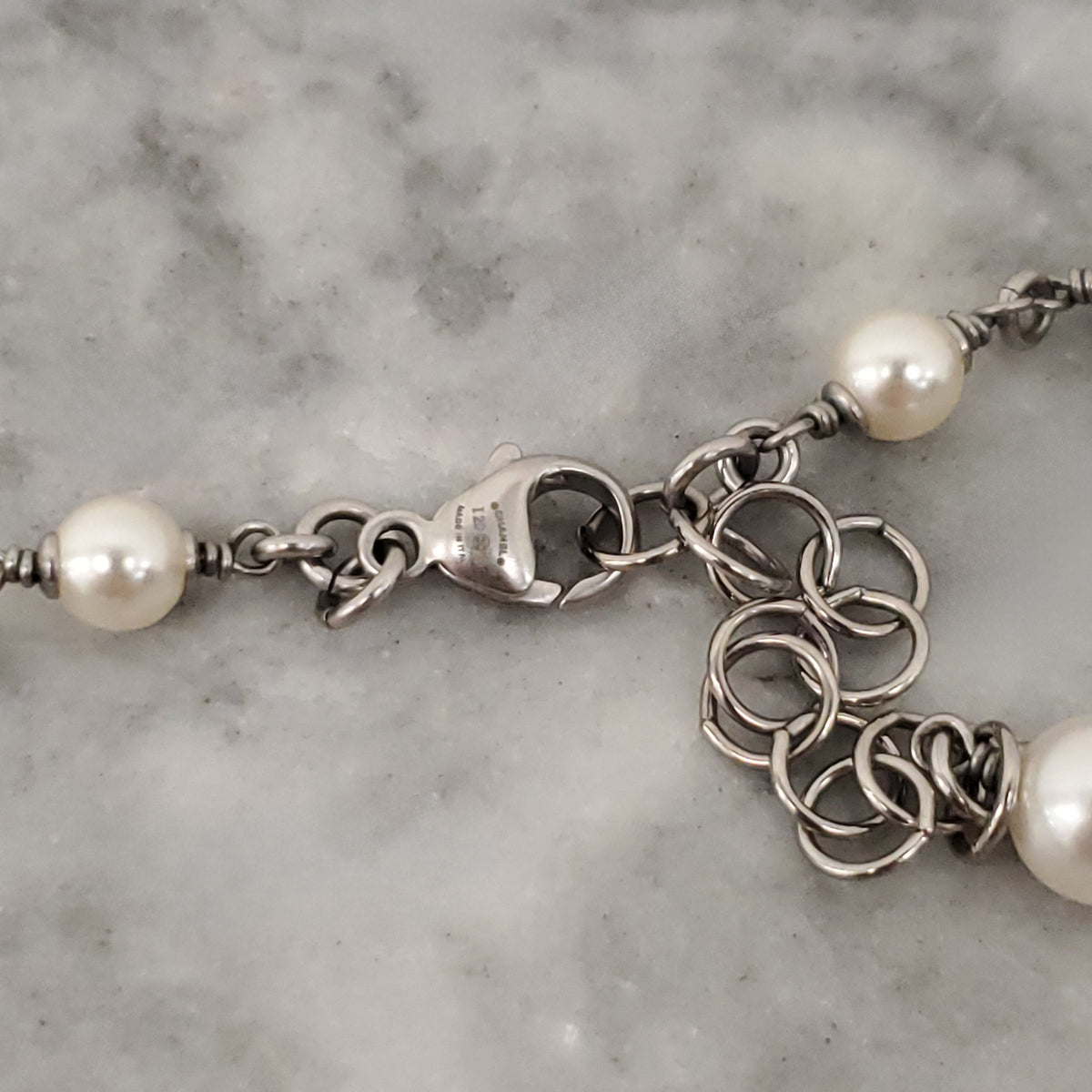 CHANEL PEARL AND SILVER CRYSTAL CHAIN LOGO NECKLACE