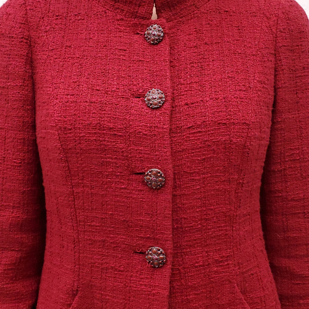 CHANEL RED TWEED SUIT WITH CRYSTAL BUTTONS - SIZE 42